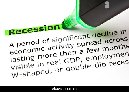 'Recession' highlighted in green with felt tip pen Stock Photo