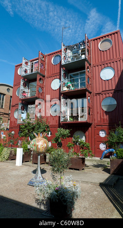 Back of Container City unusual building dwellings apartments homes housing at Trinity Buoy Wharf Docklands in London England UK  KATHY DEWITT Stock Photo