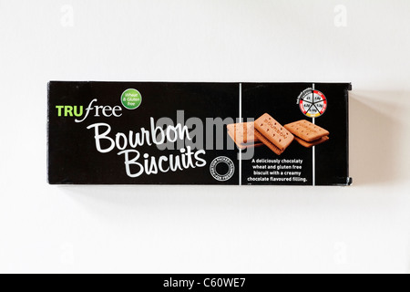 Packet of Trufree wheat and gluten free Bourbon Biscuits isolated on white background Stock Photo