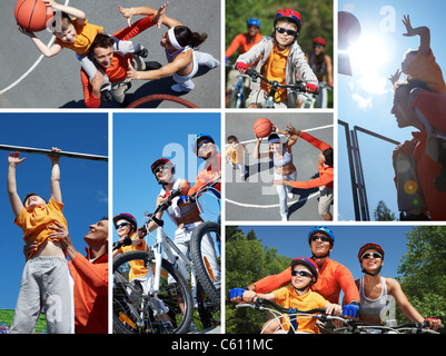 Collage of happy family on bicycles and playing with ball outdoors Stock Photo