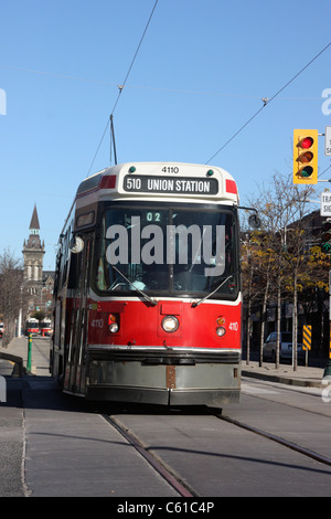 Tramcar of Toronto Transit Commission TTC runs towards Union Station Central Toronto Canada Stock Photo