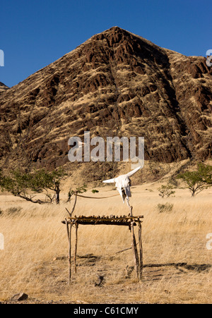 An animal skull marking the makeshift table for a roadside trader. Purros, Northern Kaokoland, Kaokoveld, Namibia. Stock Photo