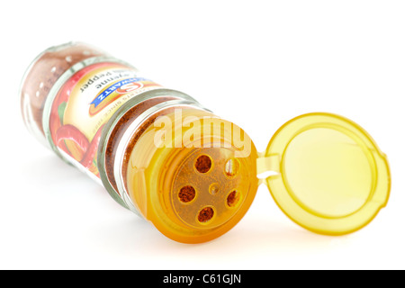 Open flip top on a glass container of Schwartz Cayenne chilli pepper Stock Photo