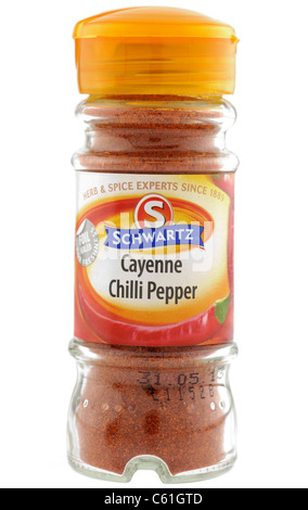 Glass container of Schwartz Cayenne chilli pepper Stock Photo