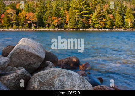 Autumn color on Jordan Pond in Acadia National Park, Maine. Stock Photo