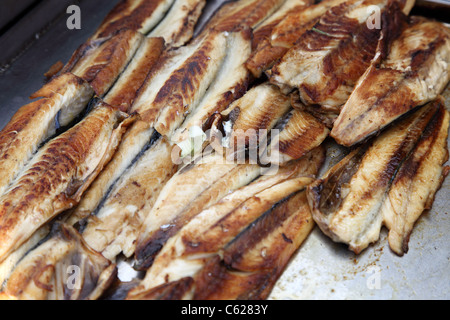 Fried fish prepared for Balik Ekmek (fish sandwich) in Istanbul, Turkey Stock Photo
