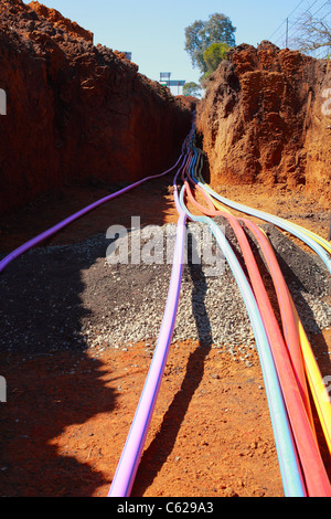 Fibre optic cable being installed alongside the 600km N3 highway between Johannesburg and Durban in South Africa. Stock Photo