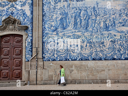 Carmo Church in Oporto depicting large area of blue and white panels of tiles. Stock Photo