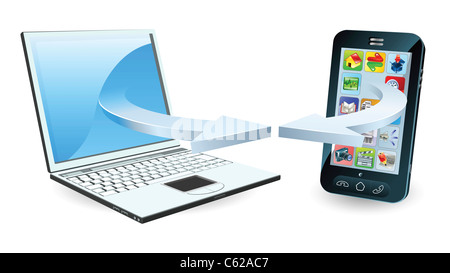 Laptop and smartphone communicating via wireless technology concept Stock Photo