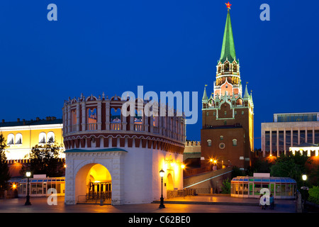 Kutafiya and Troitskaya Tower of the Moscow Kremlin. Night view. Moscow, Russia. Stock Photo