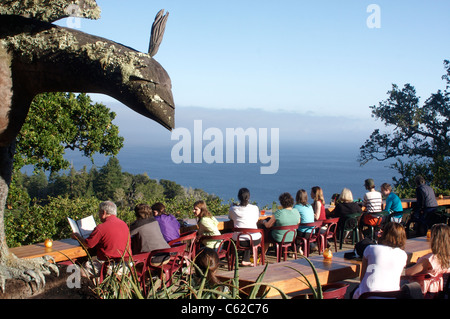 Tourists view the Pacific Ocean from the deck of the Nepenthe Restaurant in Big Sur, California Stock Photo