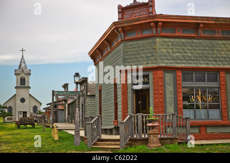 1880 historic wild west town in South Dakota near Murdo. Bank and church view from the street horizontal hi-res Stock Photo