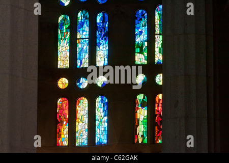 Stained glass at La Sagrada Familia, Gaudi church architecture,  Barcelona Catalunya. Spain Europe Stock Photo