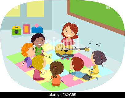 Illustration of Kids Listening to Their Teacher Play the Guitar Stock Photo