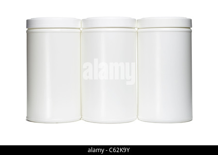 Three white plastic containers on isolated background Stock Photo