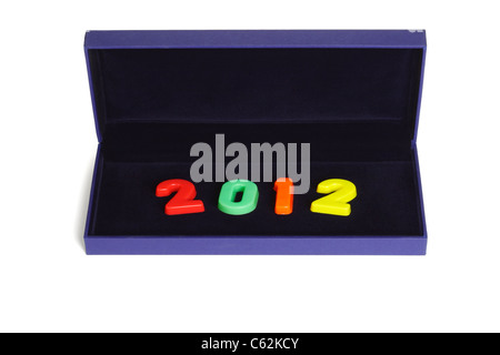 Colorful plastic number blocks 2012 new year in open blue gift box Stock Photo