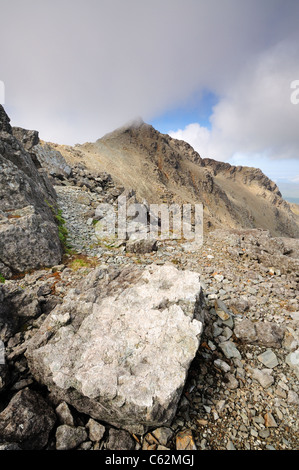 View towards the summit of Bruach na Frithe from the Bealach nan Lice, Black Cuillin mountains, Isle of Skye, Scotland Stock Photo