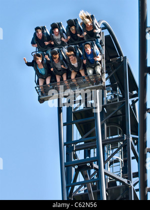 The Saw roller coaster ride, Thorpe Park Theme Park, Surrey, England, UK. Pleasure park and ride fun day out. (Close up) Stock Photo