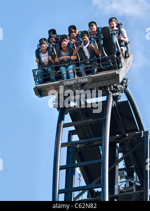 The Saw roller coaster ride, Thorpe Park Theme Park, Surrey, England, UK. Pleasure park and ride fun day out. (Close up) Stock Photo