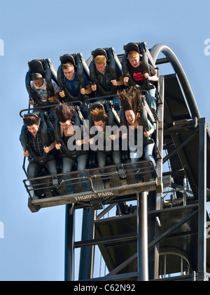 The Saw roller coaster ride, Thorpe Park Theme Park, Surrey, England, UK. Pleasure park and ride fun day out. (Close up) Stock Photo