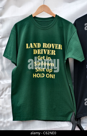 Teeshirt logo, Land Rover Driver, Get in, Sit down, Shut up and hold on! Stock Photo