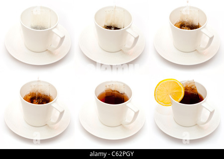 Sequence of tea making on white Stock Photo