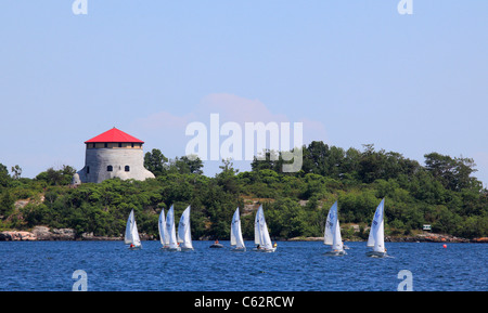 Canada, Ontario, Kingston, Lake Ontario, sailboats, Fort Henry Martello Tower, Stock Photo