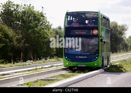 Double decker bus on Cambridge Guided Busway at St Ives Stock Photo