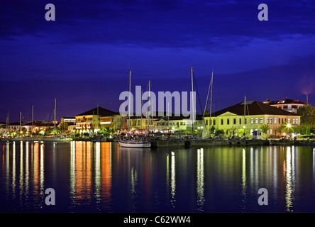 Night view of Preveza town, reflected in the waters of the Ambracian gulf. Epirus, Greece Stock Photo