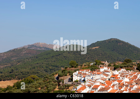 Castelo de Vide rooftops seen from the Castle Tower. Marvão seen in the farther mountain. Stock Photo