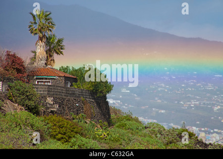 Rainbow at a natural stone house at Mazo, La Palma, Canary islands, Spain, Europe Stock Photo