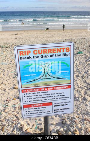 Rip Current warning sign on the beach at Keel, Achill Island, Ireland Stock Photo