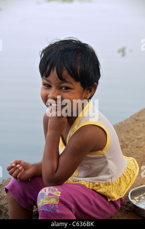 Smiling face of little girl Backwaters Kerala South India Stock Photo