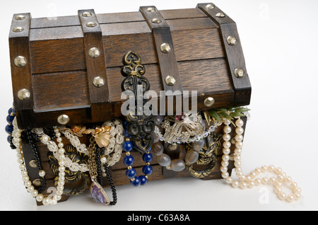 Treasure chest overflowing with riches of pearls and jewels on white background Stock Photo