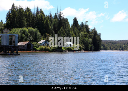 Old esso station and homes on the coast at Bamfield Vancouver Island BC Stock Photo