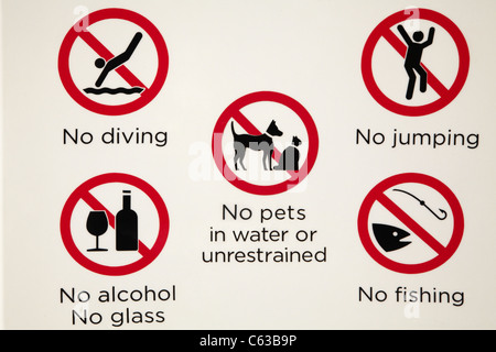 No Diving, jumping, pets, alcohol, fishing sign, Darwin Waterfront Precinct, Darwin, Northern Territory, Australia Stock Photo