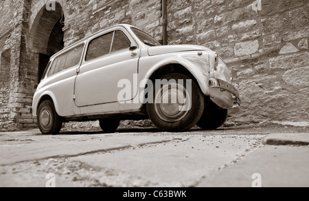 Black and white close up of classic Fiat 500 on street in Italy Stock Photo