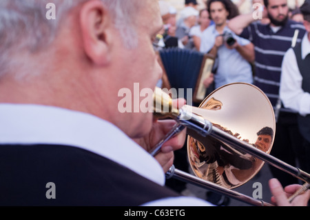 Klezmer musicians play Jewish soul music for the crowds in the 24th Int'l Klezmer Festival. Tzfat, Israel. 15/08/2011. Stock Photo