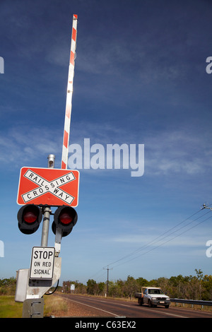 Railway crossing barrier, near Darwin, Northern Territory, Australia Stock Photo