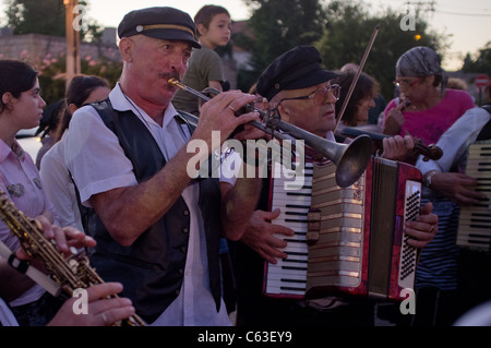 Klezmer musicians play Jewish soul music for the crowds in the 24th Int'l Klezmer Festival. Tzfat, Israel. 15/08/2011. Stock Photo