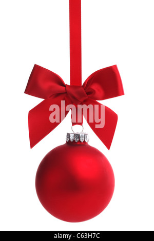 Red Christmas ball with ribbon bow,Isolated on white background. Stock Photo