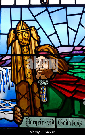 Stained glass window at the Akureyrarkirkja church, Akureyri, Iceland Stock Photo
