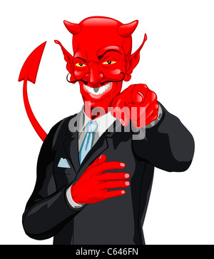 A devilish business man in a suit doing the classic finger point at the viewer Stock Photo