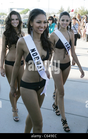 Melinda Victoria Elvenes (Miss Norway), Bat-el Jobi (Miss Israel) at a public appearance for Miss Universe Contestants Welcome to Las Vegas Sign Photo Shoot, Las Vegas Boulevard South, Las Vegas, NV August 11, 2010. Photo By: James Atoa/Everett Collection Stock Photo