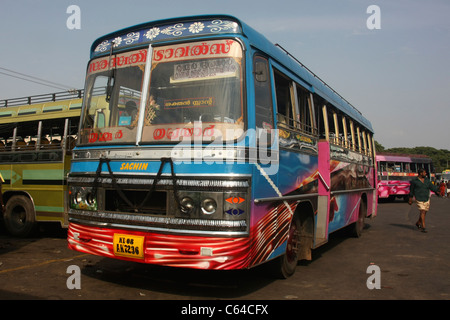 Private Express bus departing from bus station in Thrissur Kerala India Stock Photo