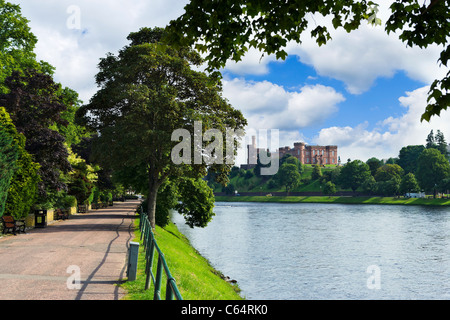 Path along the banks of the River Ness with the Castle in the distance, Inverness, Highland, Scotland, UK Stock Photo