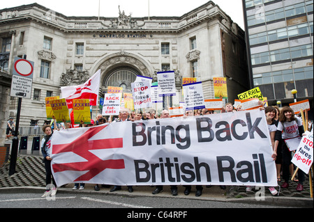 Protest against higher fares on the railways and to bring back British Rail, opposite Waterloo Station Stock Photo