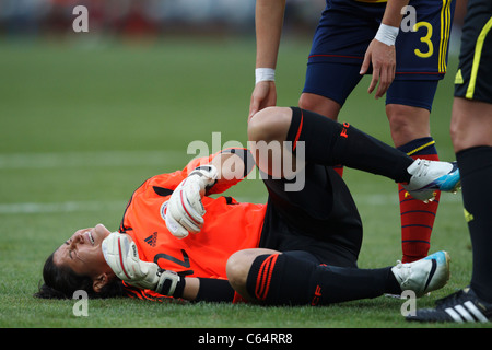 Columbia goalkeeper Sandra Sepulveda lies on the ground after being shaken up during a Women's World Cup match against the USA. Stock Photo