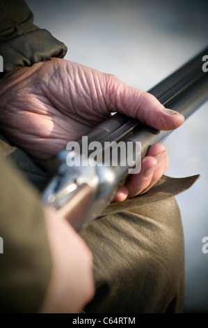 old mans hands holding shotgun Stock Photo