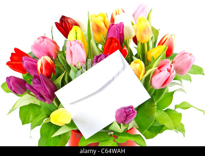 colorful bouquet of fresh tulips with white card Stock Photo